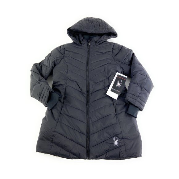 Spyder Youth Girl's Boundless Long Black Hooded Puffer Winter Jacket Size Medium - Picture 1 of 3